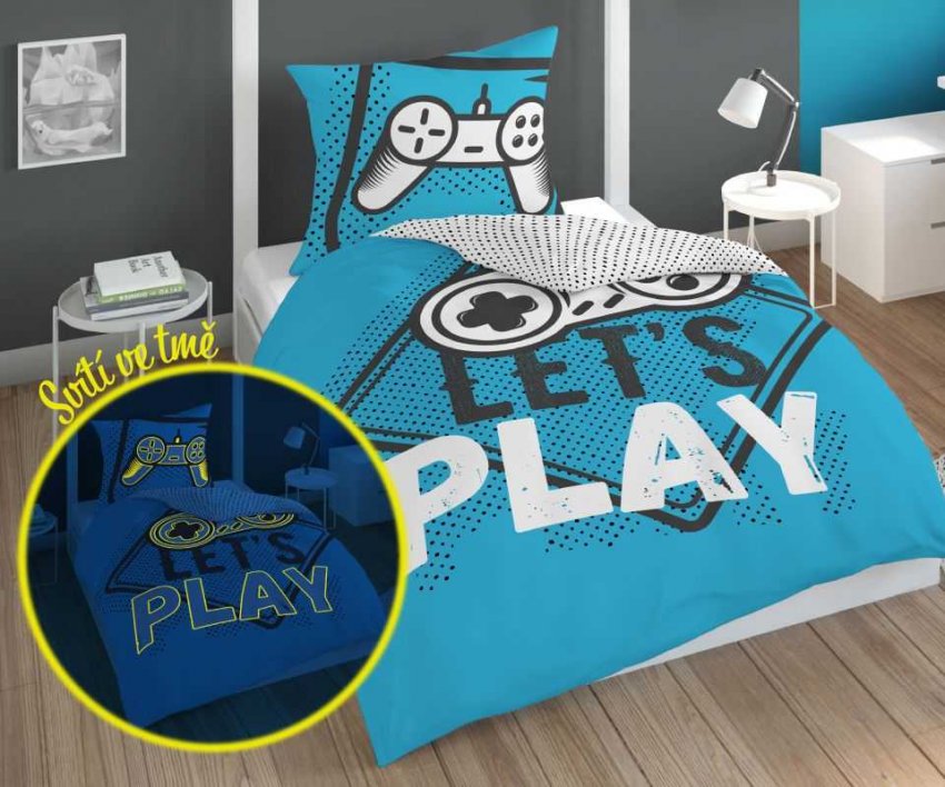 DETEXPOL Posteljina Play Game plavi svjetleći pamuk, 140/200, 70/80 cm - Posteljina sa licencijom