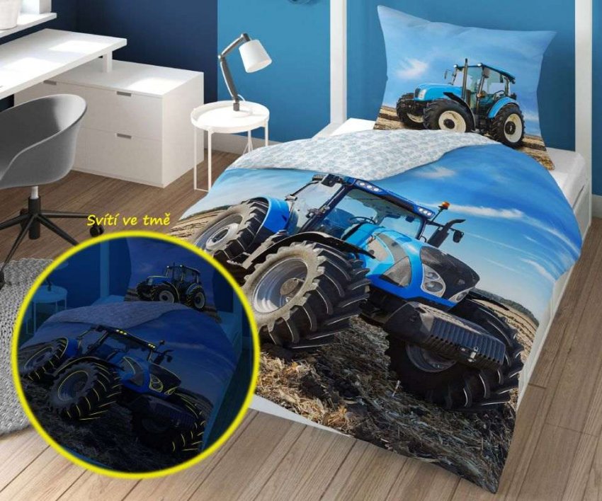 DETEXPOL Posteljina Traktor plavi svijetleći pamuk, 140/200, 70/80 cm - Posteljina foto print