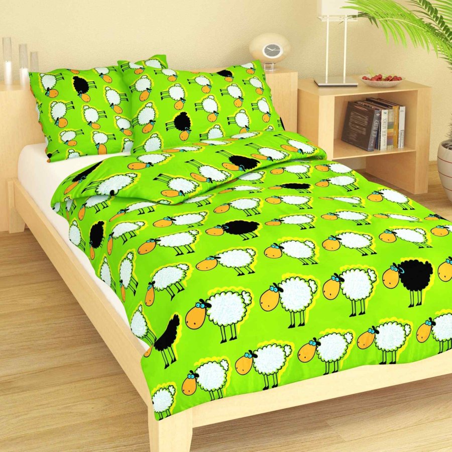 Posteljina za bebu pamuk Stado ovaca zeleno | 90x130, 45x60 cm - Dječja posteljina pamuk