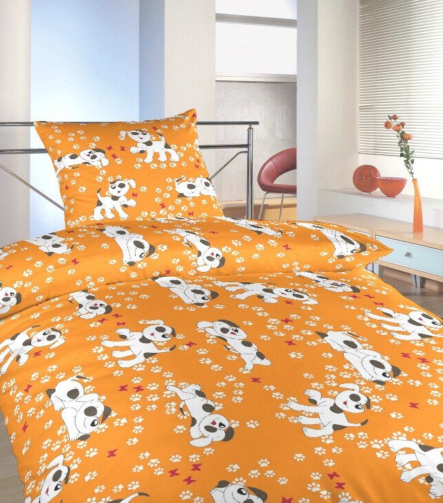 Posteljina za bebu krep Psi narančasta | 90x130, 45x60 cm - Dječja posteljina krep