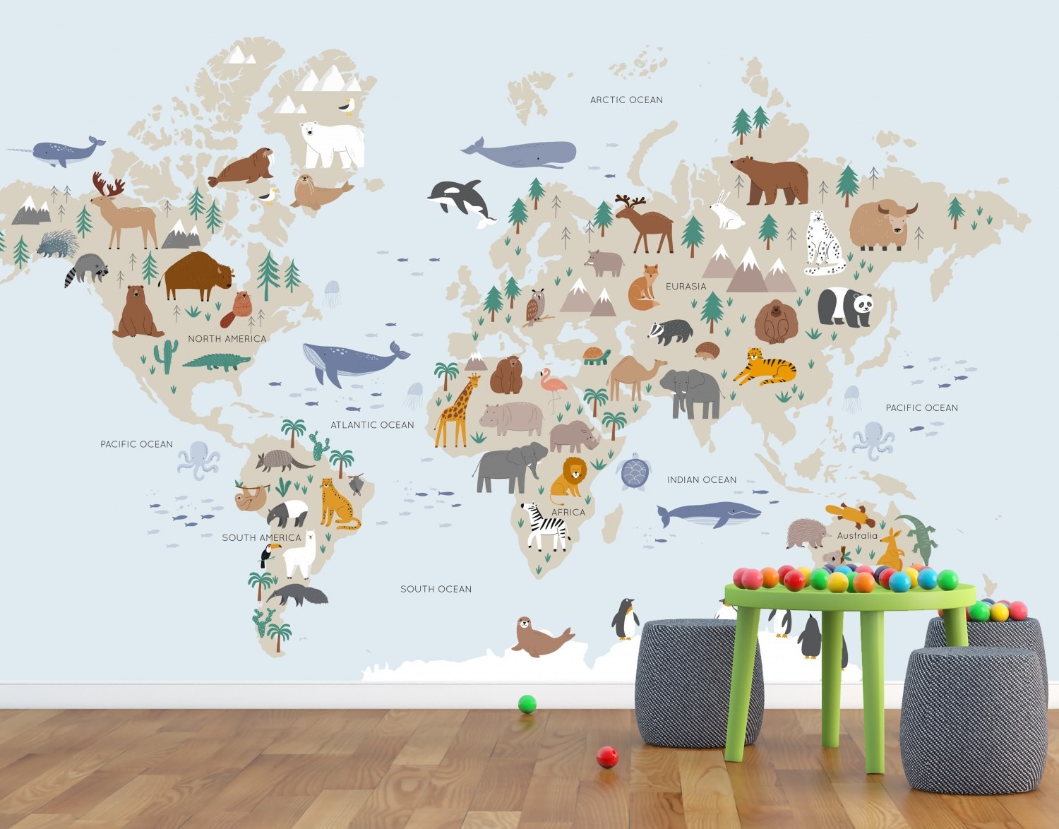 Dječji tapeta Animals world map 1 m2 - Fototapete