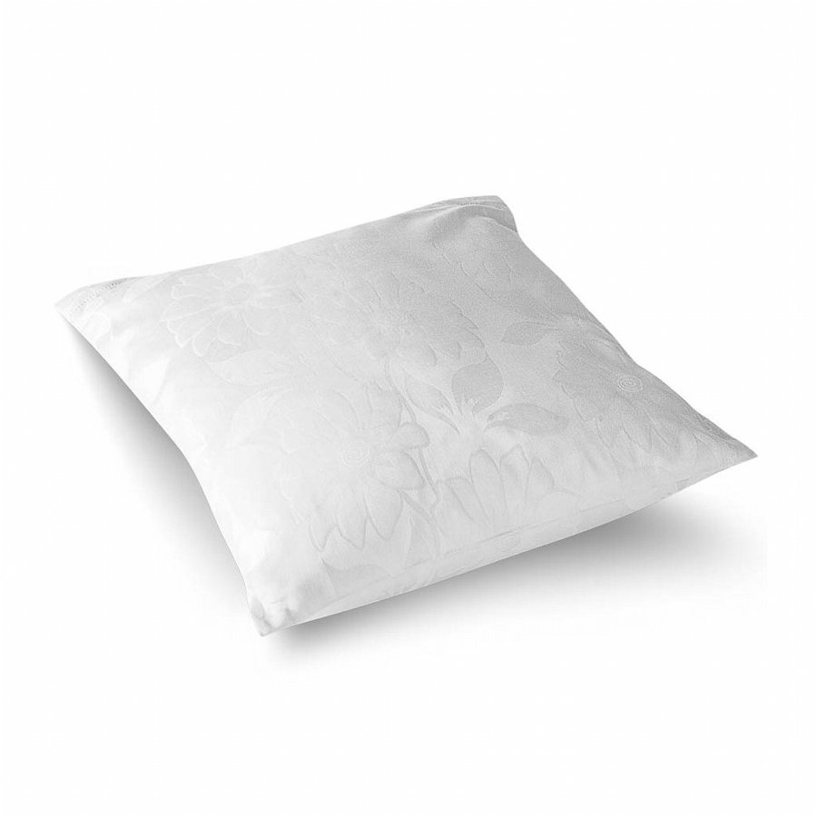 Presvlaka za jastuk od damasta s nježnim utkanim uzorkom bijelih cvjetova. Dimenzija presvlake za jastuk je 40x40 cm. 