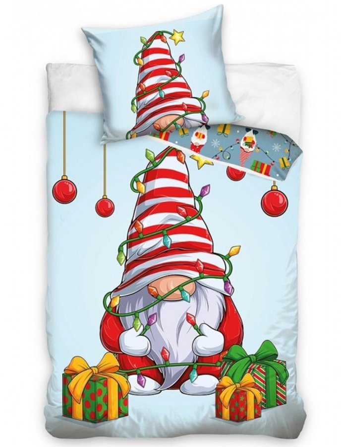Božićna posteljina od pamuka sa motivom patuljka i poklona 140x200, 70x90 cm - Dječja posteljina Fototisak