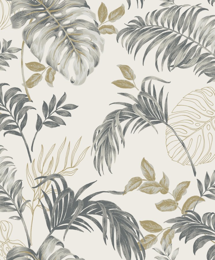 Siva tapeta s tropskim listovima, A64301 | Ljepilo besplatno - Na skladištu