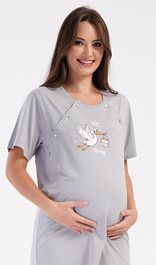 Ženska noćna košulja za trudnice Roda s bebom - Dojilica noćna košulja s kratkim rukavima