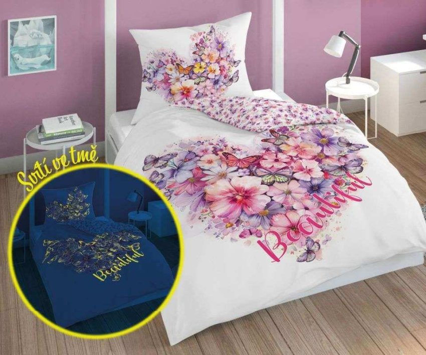 DETEXPOL Posteljina Leptirići srca svijetleća Pamuk, 140/200, 70/80 cm - Posteljina klasičan uzorak