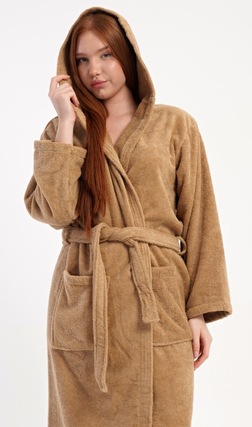 Žene - Ženski ogrtači - Ženske duge kućne haljine - Ženski dugi ogrtač s kapuljačom Karamelka Ženski dugi ogrtač s kapuljačom Karamelka - Ženske duge kućne haljine