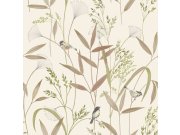 Flis tapeta za zid, smeđe-zelena, livadne trave, ptičice, A83502, Inia, Grandeco | Ljepilo besplatno