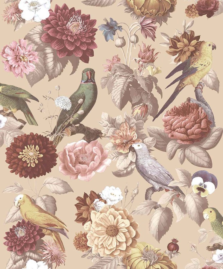 Flis tapeta za zid, bež, cvijeće, papige, 15548, Botany House, Cristiana Masi by Parato | Ljepilo Gratis