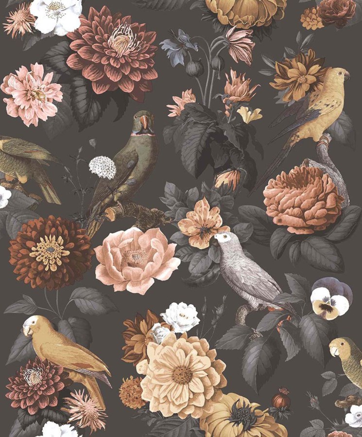 Flis tapeta za zid, crna, cvijeće, papige, 15549, Botany House, Cristiana Masi by Parato | Ljepilo Gratis - Parato by Cristiana Masi