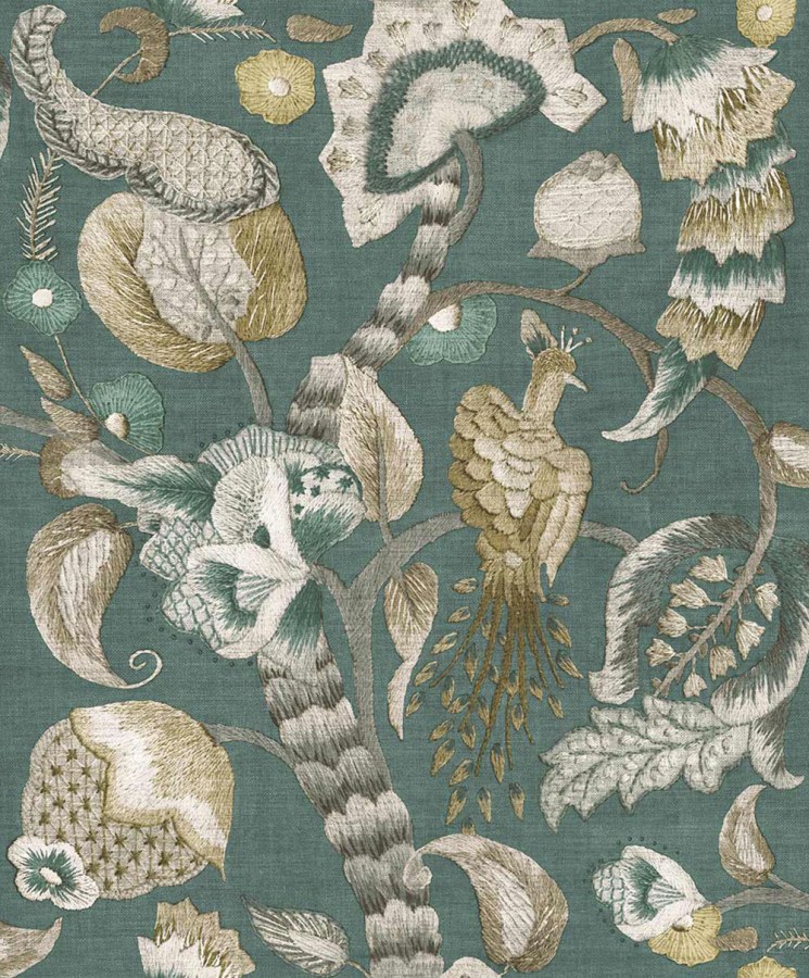 Flis tapeta za zid, zelena, siva, cvjetne grančice, ptice, 5806, Jaipur, Parato by Cristiana Masi | Ljepilo Gratis - Parato by Cristiana Masi