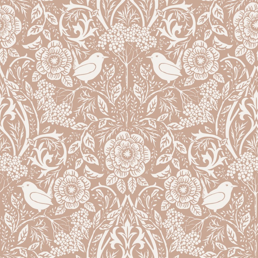 Smeđa flis tapeta s biljkama i ptičicama, 139324, Vintage Flowers, Esta Home - Esta Home