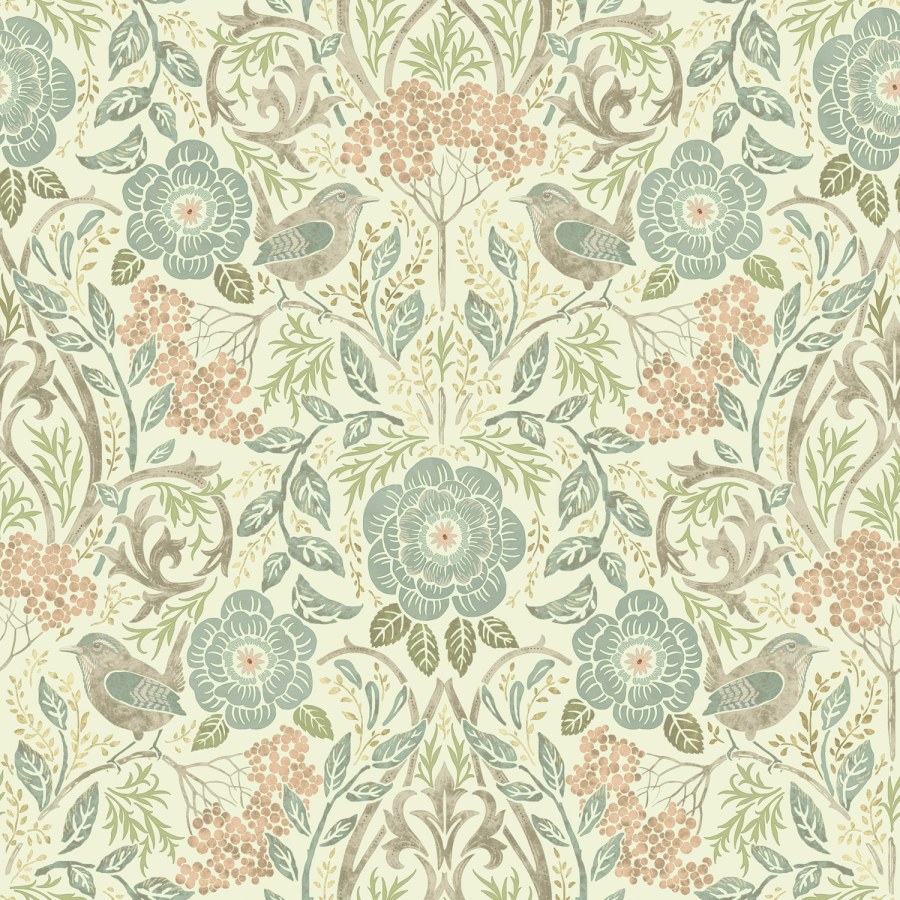 Flis tapeta s biljkama i ptičicama, 139323, Vintage Flowers, Esta Home - Esta Home