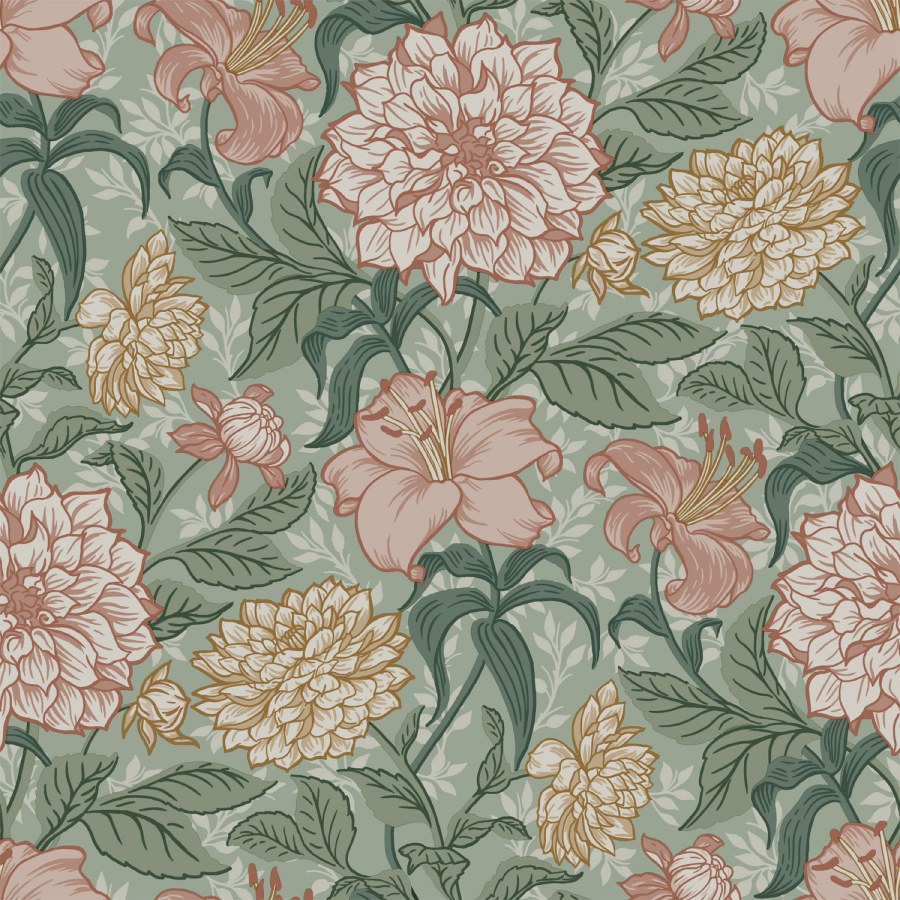 Zelena flis tapeta s cvijećem, 139378, Vintage Flowers, Esta Home Zelena flis tapeta s cvijećem, 139378, Vintage Flowers, Esta Home