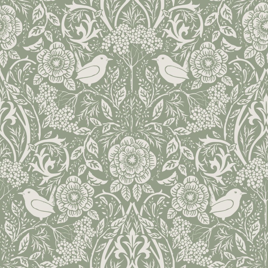 Esta Home - Zelena flis tapeta s biljkama i ptičicama, 139293, Vintage Flowers, Esta Home Zelena flis tapeta s biljkama i ptičicama, 139293, Vintage Flowers, Esta Home - Esta Home